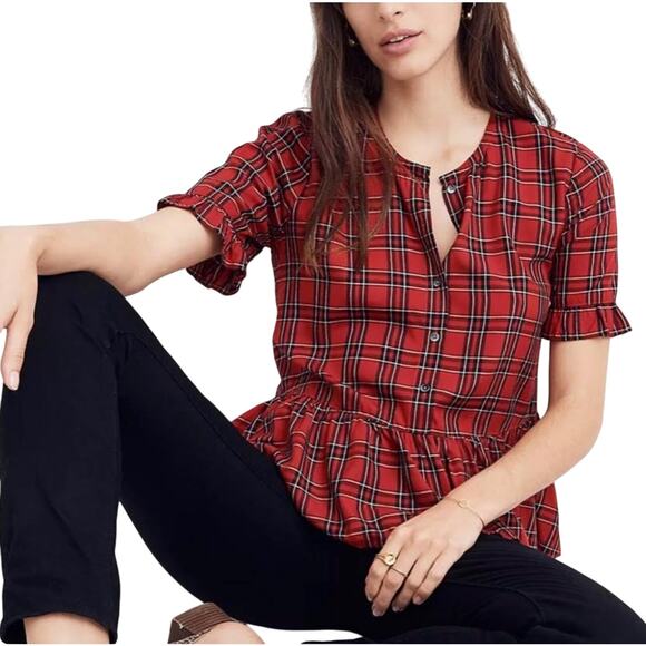 Madewell Tops - NWT MADEWELL Women’s Studio Ruffle-Hem top Red Clanton Plaid medium